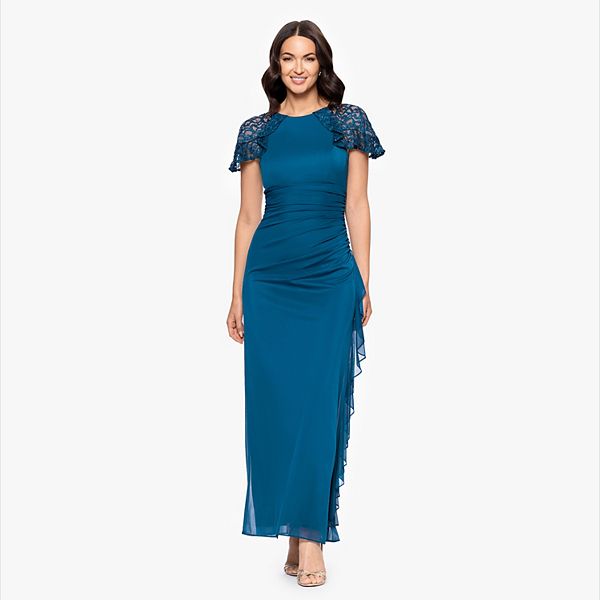 Women's BA Nites Sheer Matte Jersey Gown with Short Lace Sleeves