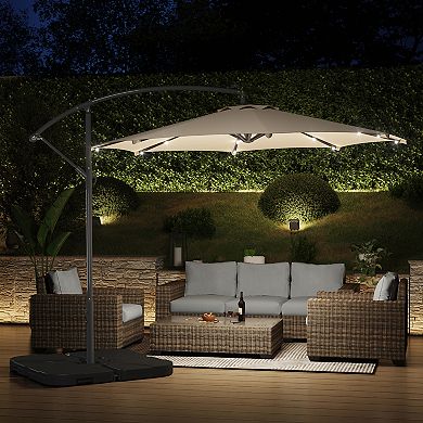 10 Ft. Cantilever Oudoor/patio Umbrella With Solar Power Led Lights And 4-piece Base Weights