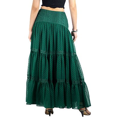 Women's Boho Flowy Tiered Ruffle Lace Long Maxi Skirt