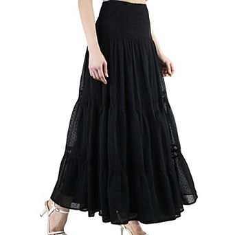 Women's Boho Flowy Tiered Ruffle Lace Long Maxi Skirt