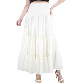Women's Boho Flowy Tiered Ruffle Lace Long Maxi Skirt