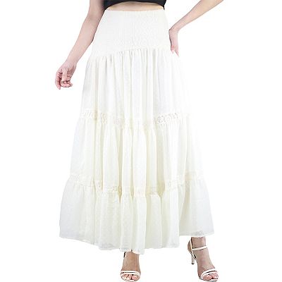 Artyska Women's Boho Flowy Tiered Ruffle Lace Long Maxi Skirt White XL