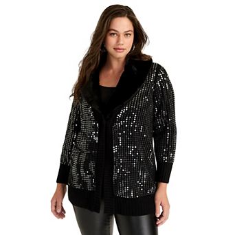 June + Vie Women's Plus Size Sequin Button-Up Sweater