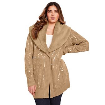 June + Vie Women's Plus Size Sequin Button-Up Sweater