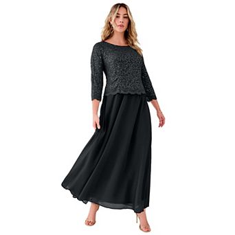 Roaman's Women's Plus Size Plus Size Sparkle Lace Popover A-Line Gown With 3/4 Sleeves