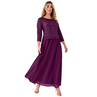 Roaman's Women's Plus Size Sequin Lace Three Quarter Sleeve A-Line Gown