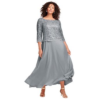 Roaman's Women's Plus Size Plus Size Sparkle Lace Popover A-Line Gown With 3/4 Sleeves