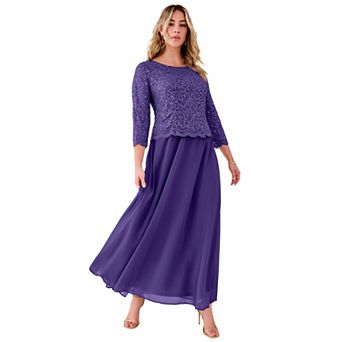 Roaman's Women's Plus Size Plus Size Sparkle Lace Popover A-Line Gown With 3/4 Sleeves