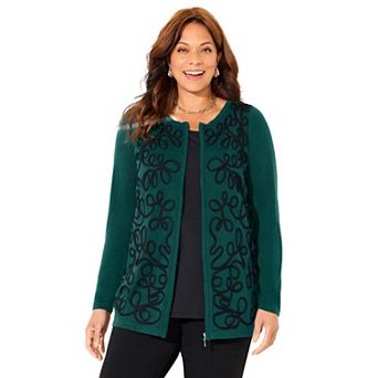Catherines Women's Plus Size Zip-Front Embroidered Cardigan