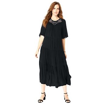 Roaman's Women's Plus Size Hand-Crinkled Crochet Neck Dress
