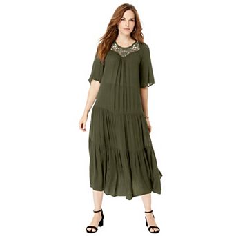 Roaman's Women's Plus Size Hand-Crinkled Crochet Neck Dress