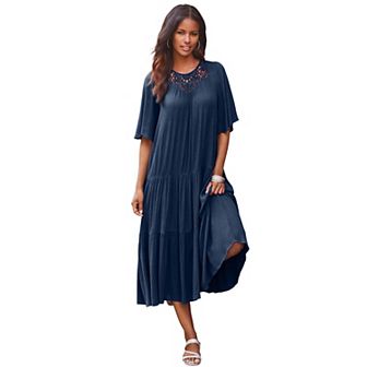 Roaman's Women's Plus Size Hand-Crinkled Crochet Neck Dress