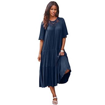 Roaman's Women's Plus Size Hand-Crinkled Crochet Neck Dress