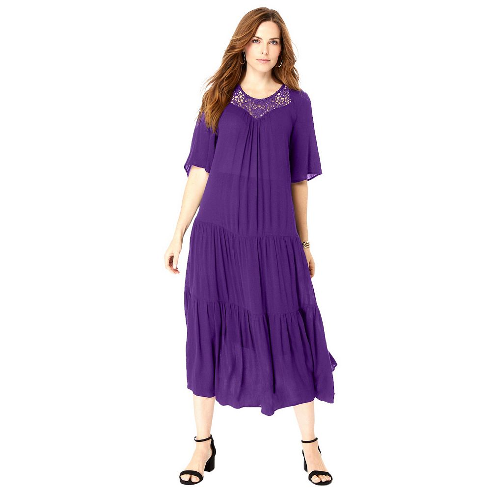 Roaman's Women's Plus Size Crochet-Yoke Crinkle Dress