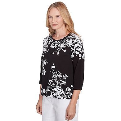 Petite Alfred Dunner Asymmetric Floral Monotone Crewneck Top
