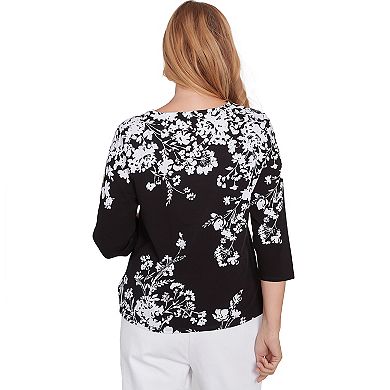 Petite Alfred Dunner Asymmetric Floral Monotone Crewneck Top