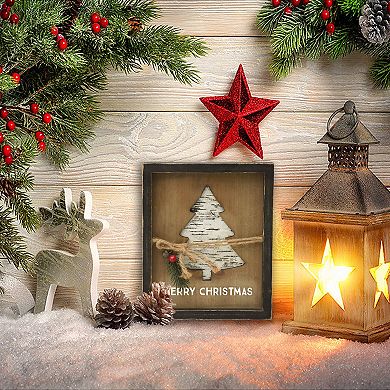 Parisloft Merry Christmas Framed Wood Wall Sign with Cutout Christmas Tree