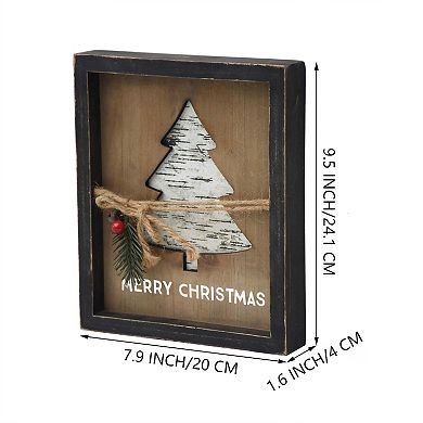 Parisloft Merry Christmas Framed Wood Wall Sign with Cutout Christmas Tree