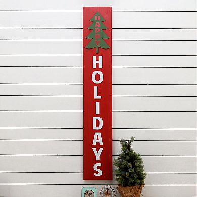 Parisloft Happy Holidays Vertical Wood Christmas Wall Sign for Front Door or Porch, Red, 47.5"H