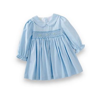 Baby Toddler Girls Long Sleeve Blue Smocked Dress with Embroidery