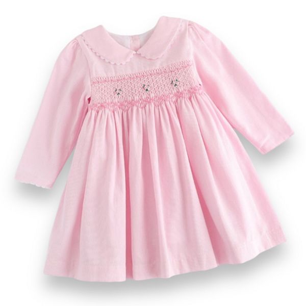 Petit Bebe Girls Pink English Garden Floral Smocked Dress - Long Sleeves & Collar