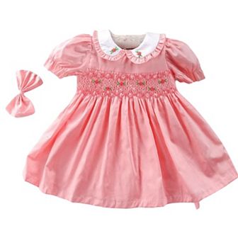 Toddler Girls Smocked Coral Floral Dress with Bow