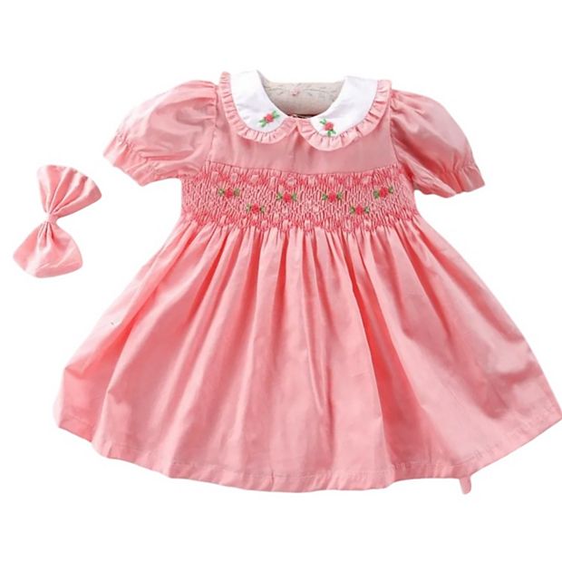 Toddler Girls Smocked Coral Floral Dress with Bow