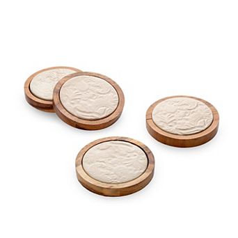 Godinger Silver Floral Porcelain and Wood Coaster Set