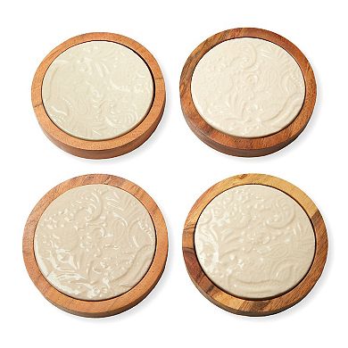 Godinger Silver Floral Porcelain and Wood Coaster Set