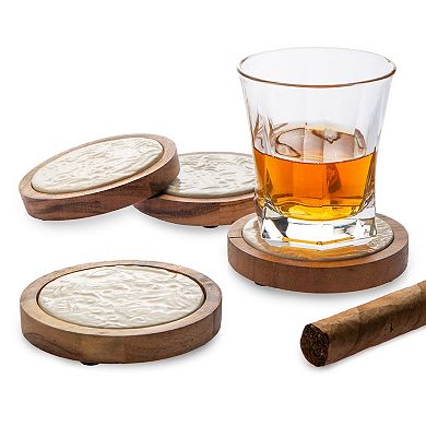 Godinger Silver Floral Porcelain and Wood Coaster Set