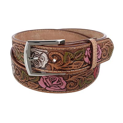 Floral Embossed Tanned Leather Belt & San Judas Floral