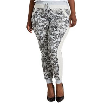 Women's Plus Size Curvy-Fit Grey French Terry Floral Jogger Pants