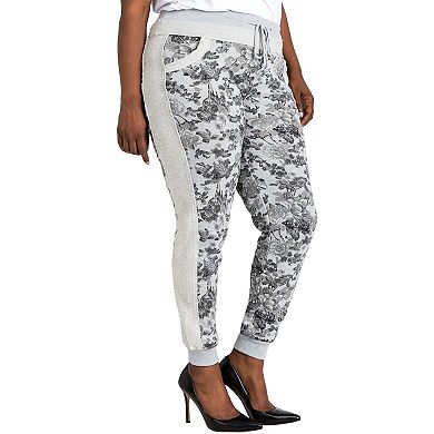 Women's Plus Size Curvy-Fit Grey French Terry Floral Jogger Pants