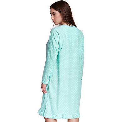 Women's Long Sleeve Cozy Micro Fleece Polka Dot Nightgown with Textured Lace Design