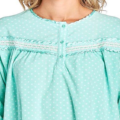 Women's Long Sleeve Cozy Micro Fleece Polka Dot Nightgown with Textured Lace Design