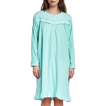 Women's Long Sleeve Cozy Micro Fleece Polka Dot Nightgown with Textured Lace Design