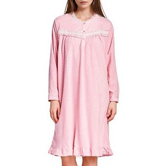 Women's Long Sleeve Cozy Micro Fleece Polka Dot Nightgown with Textured Lace Design