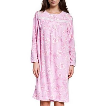 Women's Long Sleeve Cozy Fleece Floral Nightgown with Textured Lace Design