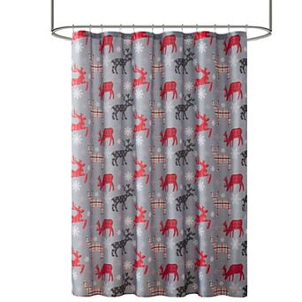 Kate Aurora Plaid Christmas Woodland Reindeer and Snowflakes Fabric Shower Curtain