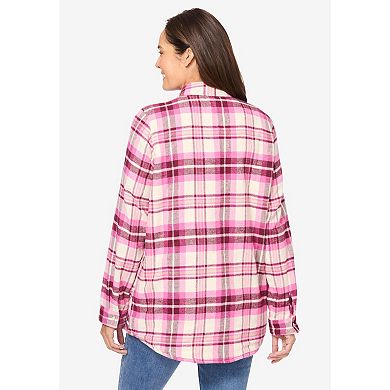 Woman Within Plus Size Fleece Flannel Snap-Front Shirt