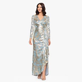 Women's BA Nites Long Metallic Pleated Long Sleeve Gown