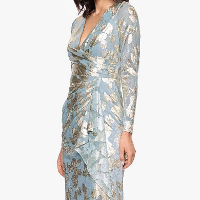 Women's BA Nites Long Metallic Pleated Long Sleeve Gown