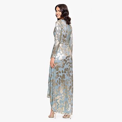 Women's BA Nites Long Metallic Pleated Long Sleeve Gown