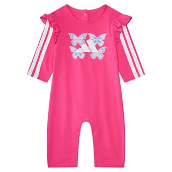 Baby Girl adidas Long Sleeve Butterfly Graphic Ruffle Coverall