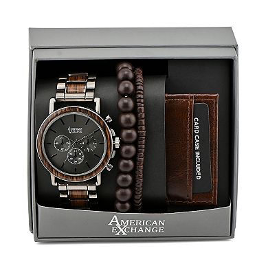 American Exchange Men's Silver Tone Analog Watch, Bracelet & Card Case Set