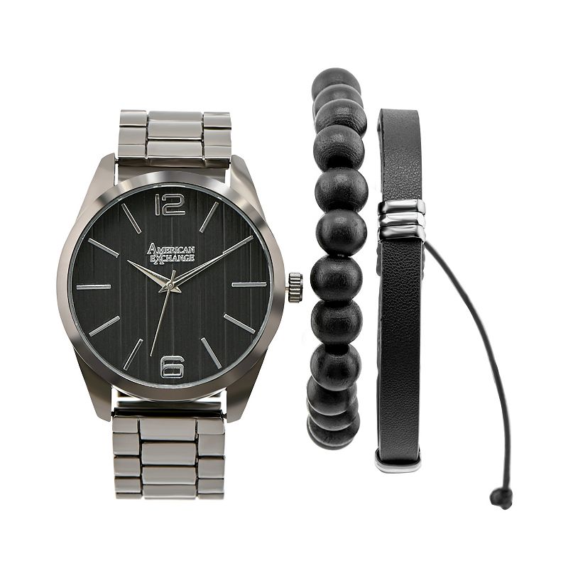 American Exchange Men's Gunmetal Tone Analog Watch, Bracelet & Card Case Set, Size: 44MM, Grey