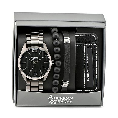 American Exchange Men's Gunmetal Tone Analog Watch, Bracelet & Card Case Set