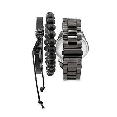 American Exchange Men's Gunmetal Tone Analog Watch, Bracelet & Card Case Set