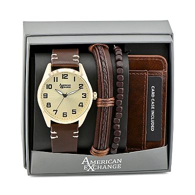American Exchange Men's Brown Leather Strap Analog Watch, Bracelet & Card Case Set