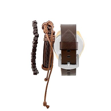 American Exchange Men's Brown Leather Strap Analog Watch, Bracelet & Card Case Set